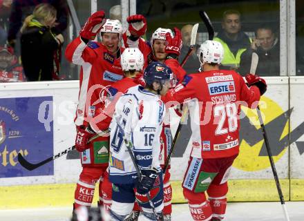 EBEL. Eishockey Bundesliga. KAC gegen Fehervar AV 19. Torjubel Stefan Geier, Thomas Koch, Nicholas Eric Petersen, Martin Schumnig (KAC). Klagenfurt, am 28.10.2018.
Foto: Kuess

---
pressefotos, pressefotografie, kuess, qs, qspictures, sport, bild, bilder, bilddatenbank