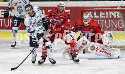 EBEL. Eishockey Bundesliga. KAC gegen Fehervar AV 19. Steven Strong,  (KAC), Daniel Szabo (Alba Volan). Klagenfurt, am 28.10.2018.
Foto: Kuess

---
pressefotos, pressefotografie, kuess, qs, qspictures, sport, bild, bilder, bilddatenbank