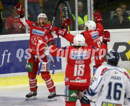 EBEL. Eishockey Bundesliga. KAC gegen Fehervar AV 19. Torjubel Stefan Geier, Thomas Koch, Nicholas Eric Petersen (KAC). Klagenfurt, am 28.10.2018.
Foto: Kuess

---
pressefotos, pressefotografie, kuess, qs, qspictures, sport, bild, bilder, bilddatenbank