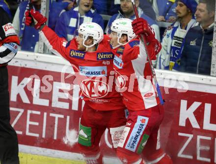 EBEL. Eishockey Bundesliga. KAC gegen VSV.  Torjubel Johannes Bischofberger, Clemens Unterweger (KAC). Klagenfurt, am 13.11.2018.
Foto: Kuess

---
pressefotos, pressefotografie, kuess, qs, qspictures, sport, bild, bilder, bilddatenbank