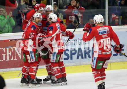 EBEL. Eishockey Bundesliga. KAC gegen VSV. Torjubel Adam Comrie, Charles Robin Gartner, Thomas HUndertpfund, Johannes Bischofberger, Mitch Wahl (KAC). Klagenfurt, am 13.11.2018.
Foto: Kuess

---
pressefotos, pressefotografie, kuess, qs, qspictures, sport, bild, bilder, bilddatenbank