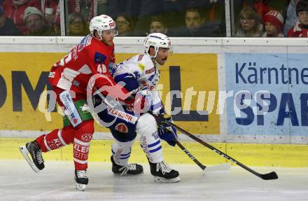 EBEL. Eishockey Bundesliga. KAC gegen VSV. Johannes Bischofberger,  (KAC), Nikolas Petrik (VSV). Klagenfurt, am 13.11.2018.
Foto: Kuess

---
pressefotos, pressefotografie, kuess, qs, qspictures, sport, bild, bilder, bilddatenbank