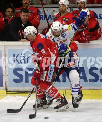 EBEL. Eishockey Bundesliga. KAC gegen VSV. Patrick Harand,  (KAC), Brandon Alderson (VSV). Klagenfurt, am 13.11.2018.
Foto: Kuess

---
pressefotos, pressefotografie, kuess, qs, qspictures, sport, bild, bilder, bilddatenbank