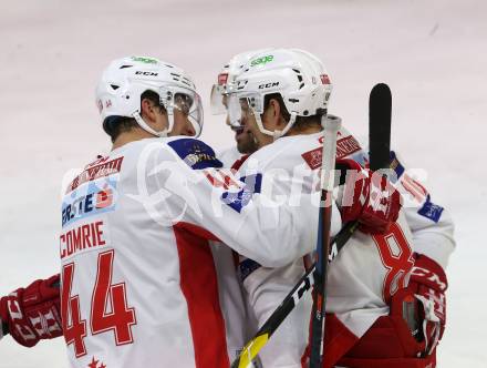 EBEL. Eishockey Bundesliga. KAC gegen HCB Suedtirol Alperia. Torjubel  Petersen Nicholas Eric, Comrie Adam (KAC). Klagenfurt, am 25.11.2018.
Foto: Kuess

---
pressefotos, pressefotografie, kuess, qs, qspictures, sport, bild, bilder, bilddatenbank