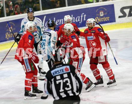 EBEL. Eishockey Bundesliga. KAC gegen	EHC Liwest Black Wings Linz.  Torjubel Stefan Geier, Nicholas Petersen, Thomas Koch (KAC). Klagenfurt, am 21.12.2018.
Foto: Kuess

---
pressefotos, pressefotografie, kuess, qs, qspictures, sport, bild, bilder, bilddatenbank