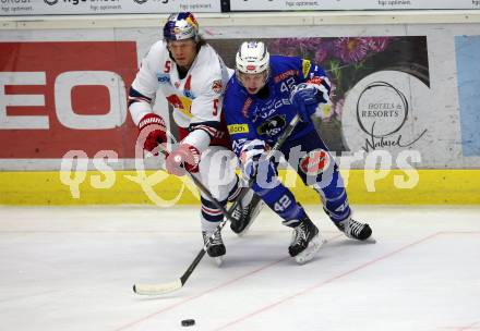 EBEL. Eishockey Bundesliga. EC VSV gegen EC Red Bull Salzburg.  Benjamin Lanzinger,  (VSV), Thomas Raffl (Salzburg). Villach, am 21.12.2018.
Foto: Kuess 


---
pressefotos, pressefotografie, kuess, qs, qspictures, sport, bild, bilder, bilddatenbank