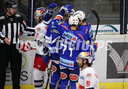 EBEL. Eishockey Bundesliga. EC VSV gegen EC Red Bull Salzburg. Torjubel Brandon Alderson, Felix Maxa, Stefan Bacher, Jason Desantis  (VSV). Villach, am 21.12.2018.
Foto: Kuess 


---
pressefotos, pressefotografie, kuess, qs, qspictures, sport, bild, bilder, bilddatenbank