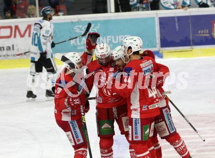 EBEL. Eishockey Bundesliga. KAC gegen	EHC Liwest Black Wings Linz.  Torjubel Thomas Hundertpfund, Adam Comrie, David Fischer, Mitch Wahl (KAC). Klagenfurt, am 21.12.2018.
Foto: Kuess

---
pressefotos, pressefotografie, kuess, qs, qspictures, sport, bild, bilder, bilddatenbank