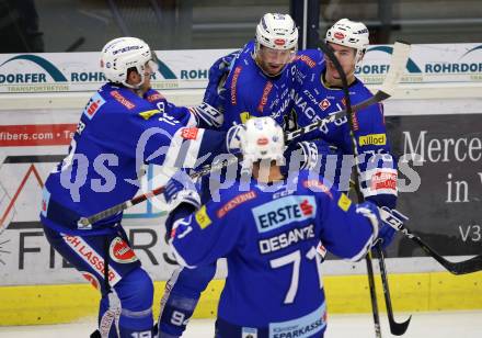 EBEL. Eishockey Bundesliga. EC VSV gegen EC Red Bull Salzburg. Torjubel Brandon Alderson, Felix Maxa, Stefan Bacher, Jason Desantis  (VSV). Villach, am 21.12.2018.
Foto: Kuess 


---
pressefotos, pressefotografie, kuess, qs, qspictures, sport, bild, bilder, bilddatenbank