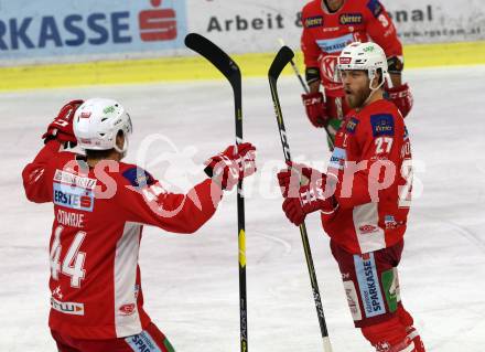 EBEL. Eishockey Bundesliga. KAC gegen	EHC Liwest Black Wings Linz. Torjubel Thomas Hundertpfund, Adam Comrie, (KAC). Klagenfurt, am 21.12.2018.
Foto: Kuess

---
pressefotos, pressefotografie, kuess, qs, qspictures, sport, bild, bilder, bilddatenbank