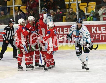 EBEL. Eishockey Bundesliga. KAC gegen	EHC Liwest Black Wings Linz. Torjubel Andrew Kozek, Stefan Geier, Nicholas Petersen, Thomas Koch (KAC). Klagenfurt, am 21.12.2018.
Foto: Kuess

---
pressefotos, pressefotografie, kuess, qs, qspictures, sport, bild, bilder, bilddatenbank