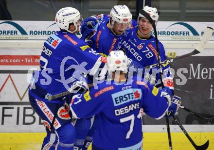 EBEL. Eishockey Bundesliga. EC VSV gegen EC Red Bull Salzburg. Torjubel Brandon Alderson, Felix Maxa, Stefan Bacher, Jason Desantis  (VSV). Villach, am 21.12.2018.
Foto: Kuess 


---
pressefotos, pressefotografie, kuess, qs, qspictures, sport, bild, bilder, bilddatenbank