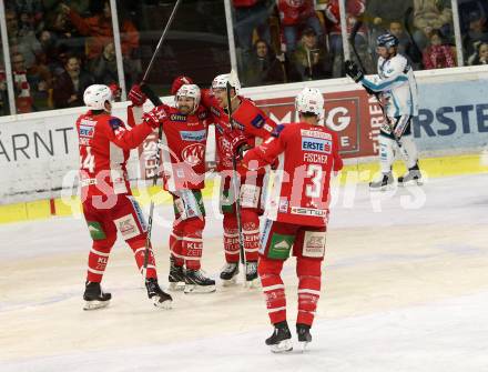 EBEL. Eishockey Bundesliga. KAC gegen	EHC Liwest Black Wings Linz. Torjubel Andrew Kozek, Nicholas Petersen, David Fischer, Adam Comrie (KAC). Klagenfurt, am 21.12.2018.
Foto: Kuess

---
pressefotos, pressefotografie, kuess, qs, qspictures, sport, bild, bilder, bilddatenbank