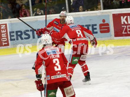 EBEL. Eishockey Bundesliga. KAC gegen	EHC Liwest Black Wings Linz. Torjubel Andrew Kozek, Nicholas Petersen, David Fischer (KAC). Klagenfurt, am 21.12.2018.
Foto: Kuess

---
pressefotos, pressefotografie, kuess, qs, qspictures, sport, bild, bilder, bilddatenbank