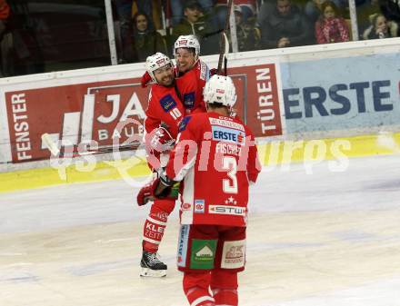 EBEL. Eishockey Bundesliga. KAC gegen	EHC Liwest Black Wings Linz. Torjubel Andrew Kozek, Nicholas Petersen, David Fischer, (KAC). Klagenfurt, am 21.12.2018.
Foto: Kuess

---
pressefotos, pressefotografie, kuess, qs, qspictures, sport, bild, bilder, bilddatenbank