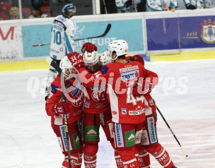 EBEL. Eishockey Bundesliga. KAC gegen	EHC Liwest Black Wings Linz.  Torjubel Thomas Hundertpfund, Adam Comrie, David Fischer, Mitch Wahl (KAC). Klagenfurt, am 21.12.2018.
Foto: Kuess

---
pressefotos, pressefotografie, kuess, qs, qspictures, sport, bild, bilder, bilddatenbank