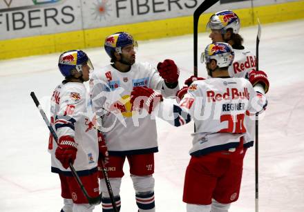 EBEL. Eishockey Bundesliga. EC VSV gegen EC Red Bull Salzburg. Torjubel Ryan Duncan, Dominique Heinrich, Brent Regner, Thomas Raffl(Salzburg). Villach, am 21.12.2018.
Foto: Kuess 


---
pressefotos, pressefotografie, kuess, qs, qspictures, sport, bild, bilder, bilddatenbank