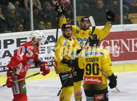 EBEL. Eishockey Bundesliga. KAC gegen	spusu Vienna Capitals. Torjubel Noedl Andreas, Schneider Peter, Tessier Kelsey,  (Vienna Capitals). Klagenfurt, am 23.12.2018.
Foto: Kuess

---
pressefotos, pressefotografie, kuess, qs, qspictures, sport, bild, bilder, bilddatenbank