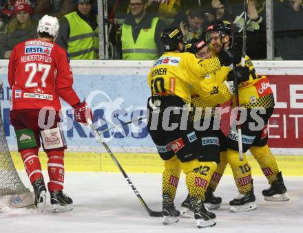 EBEL. Eishockey Bundesliga. KAC gegen	spusu Vienna Capitals. Torjubel Dorion Marc-Andre,	DeSousa Christopher, Nissner Benjamin  (Vienna Capitals). Klagenfurt, am 23.12.2018.
Foto: Kuess

---
pressefotos, pressefotografie, kuess, qs, qspictures, sport, bild, bilder, bilddatenbank