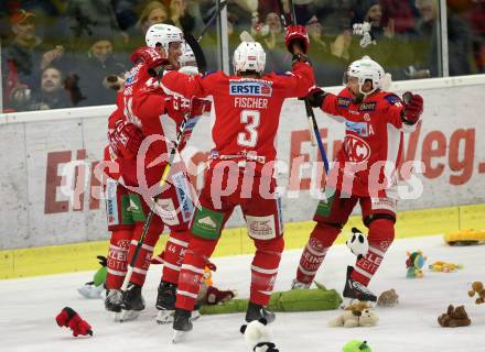 EBEL. Eishockey Bundesliga. KAC gegen	spusu Vienna Capitals. Torjubel Gartner Charles Robin, Petersen Nicholas Eric, Comrie Adam, Fischer David Joseph, Thomas Koch (KAC). Klagenfurt, am 23.12.2018.
Foto: Kuess

---
pressefotos, pressefotografie, kuess, qs, qspictures, sport, bild, bilder, bilddatenbank