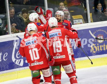 EBEL. Eishockey Bundesliga. KAC gegen	Dornbirn Bulldogs. Torjubel Thomas Koch, Nicholas Petersen, Stefan Geier, Andrew Kozek (KAC). Klagenfurt, am 13.1.2019.
Foto: Kuess

---
pressefotos, pressefotografie, kuess, qs, qspictures, sport, bild, bilder, bilddatenbank