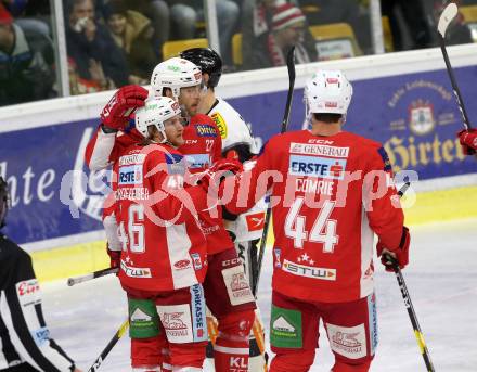 EBEL. Eishockey Bundesliga. KAC gegen	Dornbirn Bulldogs.  Torjubel Johannes Bischofberger, Thomas Hundertpfund, Adam Comrie (KAC). Klagenfurt, am 13.1.2019.
Foto: Kuess

---
pressefotos, pressefotografie, kuess, qs, qspictures, sport, bild, bilder, bilddatenbank