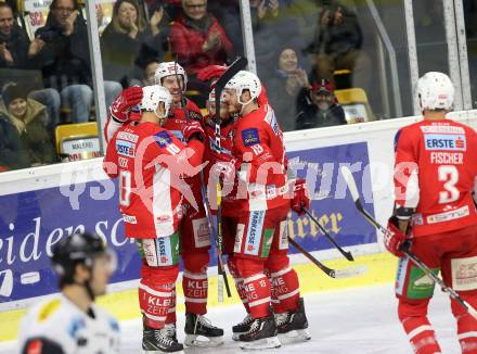 EBEL. Eishockey Bundesliga. KAC gegen	Dornbirn Bulldogs. Torjubel Thomas Koch, Nicholas Petersen, Stefan Geier, Andrew Kozek (KAC). Klagenfurt, am 13.1.2019.
Foto: Kuess

---
pressefotos, pressefotografie, kuess, qs, qspictures, sport, bild, bilder, bilddatenbank