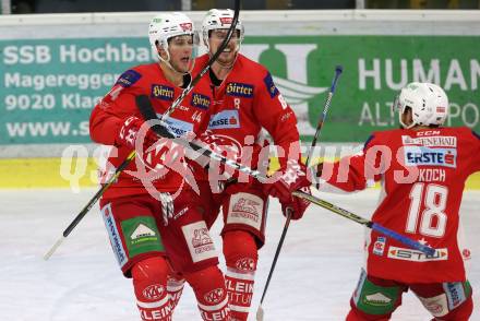 EBEL. Eishockey Bundesliga. KAC gegen	Dornbirn Bulldogs. Torjubel Adam Comrie, Nicholas Eric Petersen, Thomas Koch (KAC). Klagenfurt, am 13.1.2019.
Foto: Kuess

---
pressefotos, pressefotografie, kuess, qs, qspictures, sport, bild, bilder, bilddatenbank