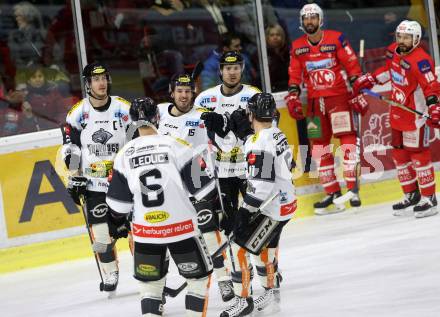 EBEL. Eishockey Bundesliga. KAC gegen	Dornbirn Bulldogs.  Torjubel Brendan ODonnell, Jerome Gauthier Leduc, Olivier Magnan, Brock Alexander Trotter (Dornbirn). Klagenfurt, am 13.1.2019.
Foto: Kuess

---
pressefotos, pressefotografie, kuess, qs, qspictures, sport, bild, bilder, bilddatenbank