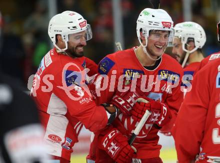 EBEL. Eishockey Bundesliga. KAC gegen	Dornbirn Bulldogs. Jubel David Joseph Fischer, Adam Comrie (KAC). Klagenfurt, am 13.1.2019.
Foto: Kuess

---
pressefotos, pressefotografie, kuess, qs, qspictures, sport, bild, bilder, bilddatenbank