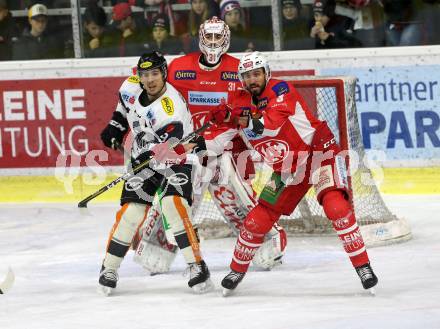 EBEL. Eishockey Bundesliga. KAC gegen	Dornbirn Bulldogs. David Madlener, David Fischer,  (KAC), Brodie Dupont (Dornbirn). Klagenfurt, am 13.1.2019.
Foto: Kuess

---
pressefotos, pressefotografie, kuess, qs, qspictures, sport, bild, bilder, bilddatenbank