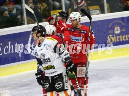 EBEL. Eishockey Bundesliga. KAC gegen	Dornbirn Bulldogs. Torjubel Johannes Bischofberger, Thomas Hundertpfund (KAC). Klagenfurt, am 13.1.2019.
Foto: Kuess

---
pressefotos, pressefotografie, kuess, qs, qspictures, sport, bild, bilder, bilddatenbank