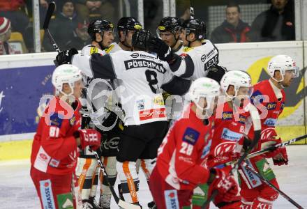 EBEL. Eishockey Bundesliga. KAC gegen	Dornbirn Bulldogs.  Torjubel Olivier Magnan, Stefan Haeussle, Brodie Dupont, Philipp Poeschmann (Dornbirn). Klagenfurt, am 13.1.2019.
Foto: Kuess

---
pressefotos, pressefotografie, kuess, qs, qspictures, sport, bild, bilder, bilddatenbank