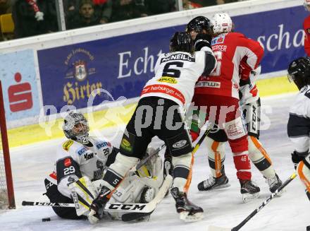 EBEL. Eishockey Bundesliga. KAC gegen	Dornbirn Bulldogs. Johannes Bischofberger, (KAC), Juha Rinne, Reid McNeill  (Dornbirn). Klagenfurt, am 13.1.2019.
Foto: Kuess

---
pressefotos, pressefotografie, kuess, qs, qspictures, sport, bild, bilder, bilddatenbank