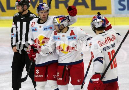 EBEL. Eishockey Bundesliga. KAC gegen	EC Red Bull Salzburg.  Torjubel William Oneill, Ryan Duncan, Raphael Herburger  (Salzburg). Klagenfurt, am 12.2.2019.
Foto: Kuess

---
pressefotos, pressefotografie, kuess, qs, qspictures, sport, bild, bilder, bilddatenbank