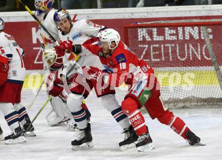 EBEL. Eishockey Bundesliga. KAC gegen	EC Red Bull Salzburg. Stefan Geier,  (KAC), Mario Huber (Salzburg). Klagenfurt, am 12.2.2019.
Foto: Kuess

---
pressefotos, pressefotografie, kuess, qs, qspictures, sport, bild, bilder, bilddatenbank