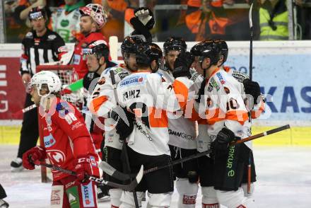 EBEL. Eishockey Bundesliga. KAC gegen	Moser Medical Graz99ers.  Torjubel Robin Jakobsson, Lukas Kainz, Zintis Nauris Zusevics  (Graz). Klagenfurt, am 22.2.2019.
Foto: Kuess

---
pressefotos, pressefotografie, kuess, qs, qspictures, sport, bild, bilder, bilddatenbank