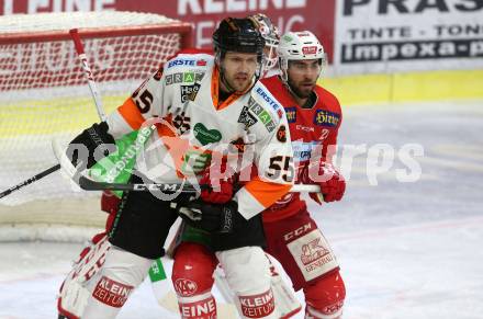 EBEL. Eishockey Bundesliga. KAC gegen	Moser Medical Graz99ers. Martin Schumnig,  (KAC),  Curtis Hamilton (Graz). Klagenfurt, am 22.2.2019.
Foto: Kuess

---
pressefotos, pressefotografie, kuess, qs, qspictures, sport, bild, bilder, bilddatenbank