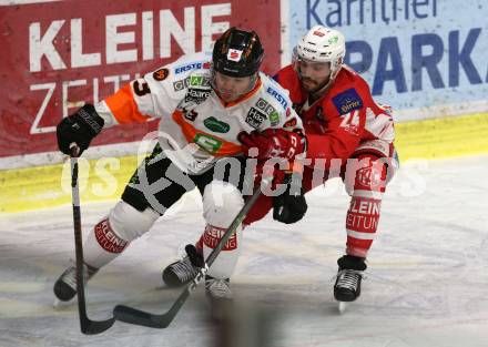 EBEL. Eishockey Bundesliga. KAC gegen	Moser Medical Graz99ers. Steven Strong,  (KAC), Colton Jaret Yellow Horn (Graz). Klagenfurt, am 22.2.2019.
Foto: Kuess

---
pressefotos, pressefotografie, kuess, qs, qspictures, sport, bild, bilder, bilddatenbank