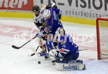 EBEL. Eishockey Bundesliga. EC VSV gegen DEC Dornbirn Bulldogs.  Yann Sauve, Dan Bakala,  (VSV), Michael Parks (Dornbirn). Villach, am 24.2.2019.
Foto: Kuess 


---
pressefotos, pressefotografie, kuess, qs, qspictures, sport, bild, bilder, bilddatenbank