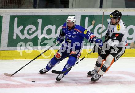 EBEL. Eishockey Bundesliga. EC VSV gegen DEC Dornbirn Bulldogs. Jerry Pollastrone,   (VSV), Olivier Magnan (Dornbirn). Villach, am 24.2.2019.
Foto: Kuess 


---
pressefotos, pressefotografie, kuess, qs, qspictures, sport, bild, bilder, bilddatenbank