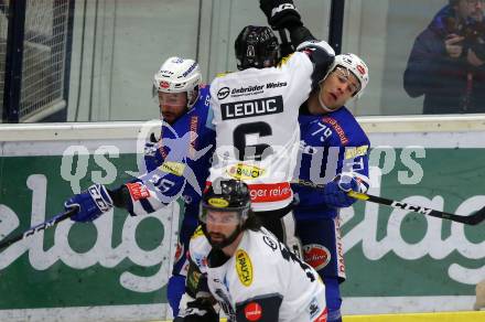 EBEL. Eishockey Bundesliga. EC VSV gegen DEC Dornbirn Bulldogs.  Jerry Pollastrone, Blaine Down,  (VSV), Jerome Gauthier Leduc (Dornbirn). Villach, am 24.2.2019.
Foto: Kuess 


---
pressefotos, pressefotografie, kuess, qs, qspictures, sport, bild, bilder, bilddatenbank