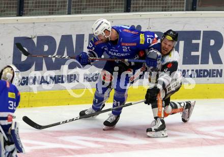 EBEL. Eishockey Bundesliga. EC VSV gegen DEC Dornbirn Bulldogs.  Matthew Pelech,  (VSV), Brock Alexander Trotter (Dornbirn). Villach, am 24.2.2019.
Foto: Kuess 


---
pressefotos, pressefotografie, kuess, qs, qspictures, sport, bild, bilder, bilddatenbank