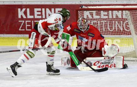 EBEL. Eishockey Bundesliga. KAC gegen	HCB Suedtirol Alperia. Lars Haugen,  (KAC), Angelo Miceli (Bozen). Klagenfurt, am 1.3.2019.
Foto: Kuess

---
pressefotos, pressefotografie, kuess, qs, qspictures, sport, bild, bilder, bilddatenbank