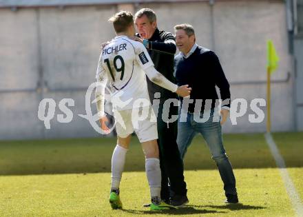 Fussball. 2. Liga. âSK Austria Klagenfurt gegen FC Blau Weiss Linz.  Torjubel Benedikt Pichler, Trainer Robert Micheu, Sascha Gulevski (Klagenfurt). Klagenfurt, 3.3.2019.
Foto: Kuess
---
pressefotos, pressefotografie, kuess, qs, qspictures, sport, bild, bilder, bilddatenbank