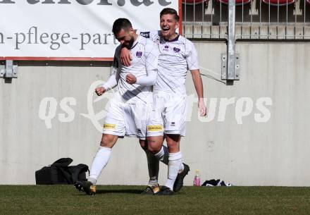 Fussball. 2. Liga. âSK Austria Klagenfurt gegen FC Blau Weiss Linz.  Torjubel Kosmas Gkezos, Markus Rusek (Klagenfurt). Klagenfurt, 3.3.2019.
Foto: Kuess
---
pressefotos, pressefotografie, kuess, qs, qspictures, sport, bild, bilder, bilddatenbank