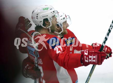 EBEL. Eishockey Bundesliga. KAC gegen	HCB Suedtirol Alperia. Torjubel Thomas Hundertpfund, Johannes Bischofberger (KAC). Klagenfurt, am 17.3.2019.
Foto: Kuess

---
pressefotos, pressefotografie, kuess, qs, qspictures, sport, bild, bilder, bilddatenbank