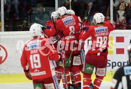 EBEL. Eishockey Bundesliga. KAC gegen	Moser Medical Graz99ers. Torjubel Mitch Wahl, Steven Strong, Nicholas ERic Petersen, Stefan Geier, Clemens Unterweger (KAC). Klagenfurt, am 31.3.2019.
Foto: Kuess

---
pressefotos, pressefotografie, kuess, qs, qspictures, sport, bild, bilder, bilddatenbank