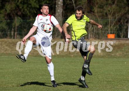 Fussball. Kaerntner Liga. ATUS Ferlach gegen Lind. Dejan Kern, (Ferlach),  Mario Zagler (Lind). Ferlach, am 30.3.2019.
Foto: Kuess
---
pressefotos, pressefotografie, kuess, qs, qspictures, sport, bild, bilder, bilddatenbank