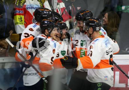 EBEL. Eishockey Bundesliga. KAC gegen	Moser Medical Graz99ers.  Torjubel Colton Jaret Yellow Horn, Ty Loney, Dwight King, Matt Garbowski  (Graz). Klagenfurt, am 31.3.2019.
Foto: Kuess

---
pressefotos, pressefotografie, kuess, qs, qspictures, sport, bild, bilder, bilddatenbank